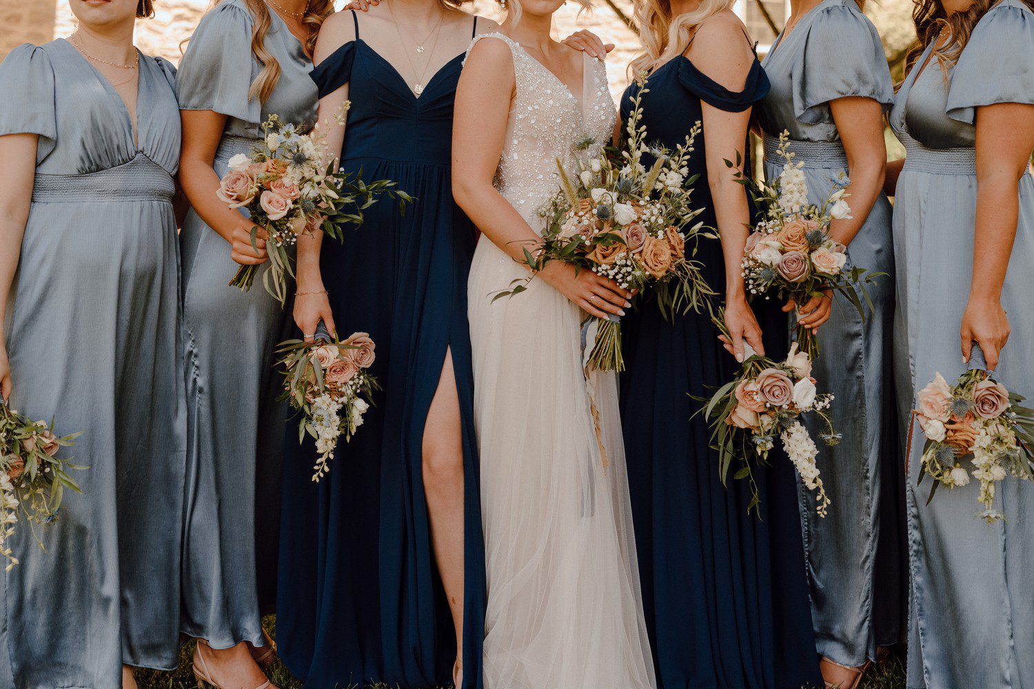 Blue Bridesmaids Dresses and Bouquets
