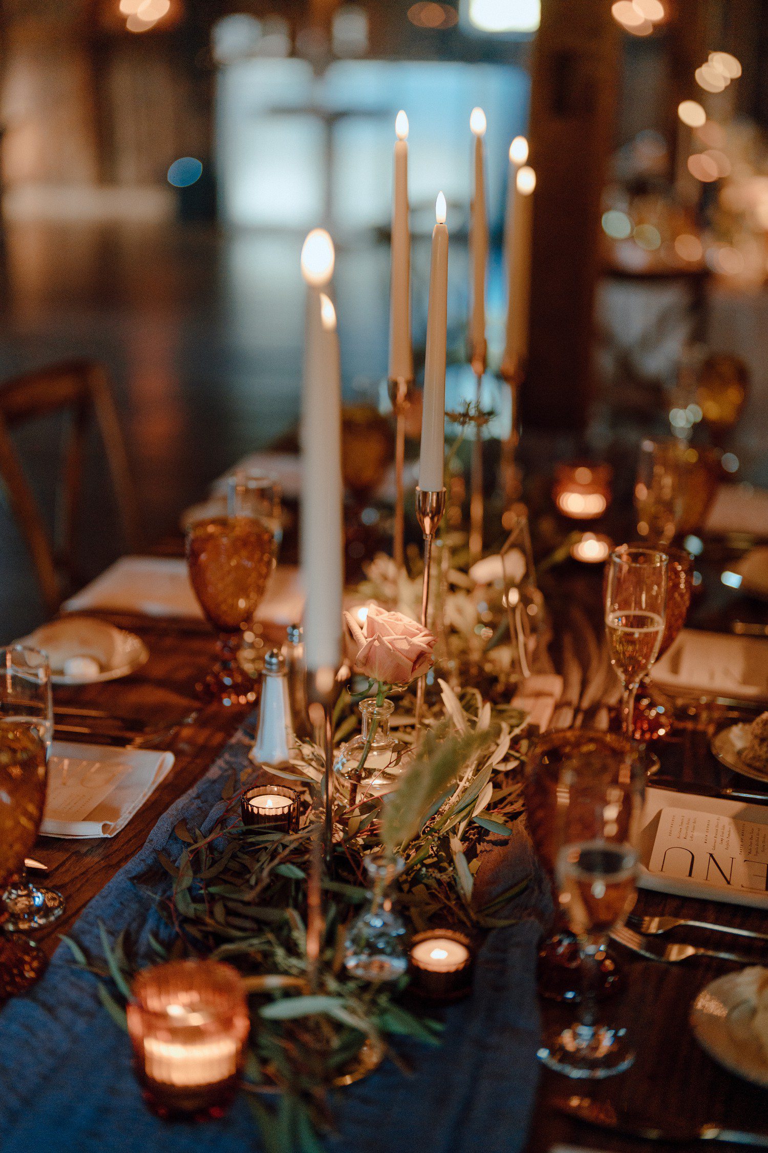 Wedding Table Decor with Amber Glasses