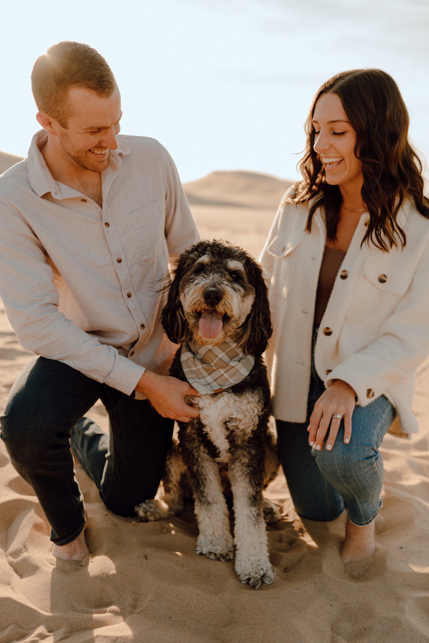 Bernedoodle dog in engagement photos