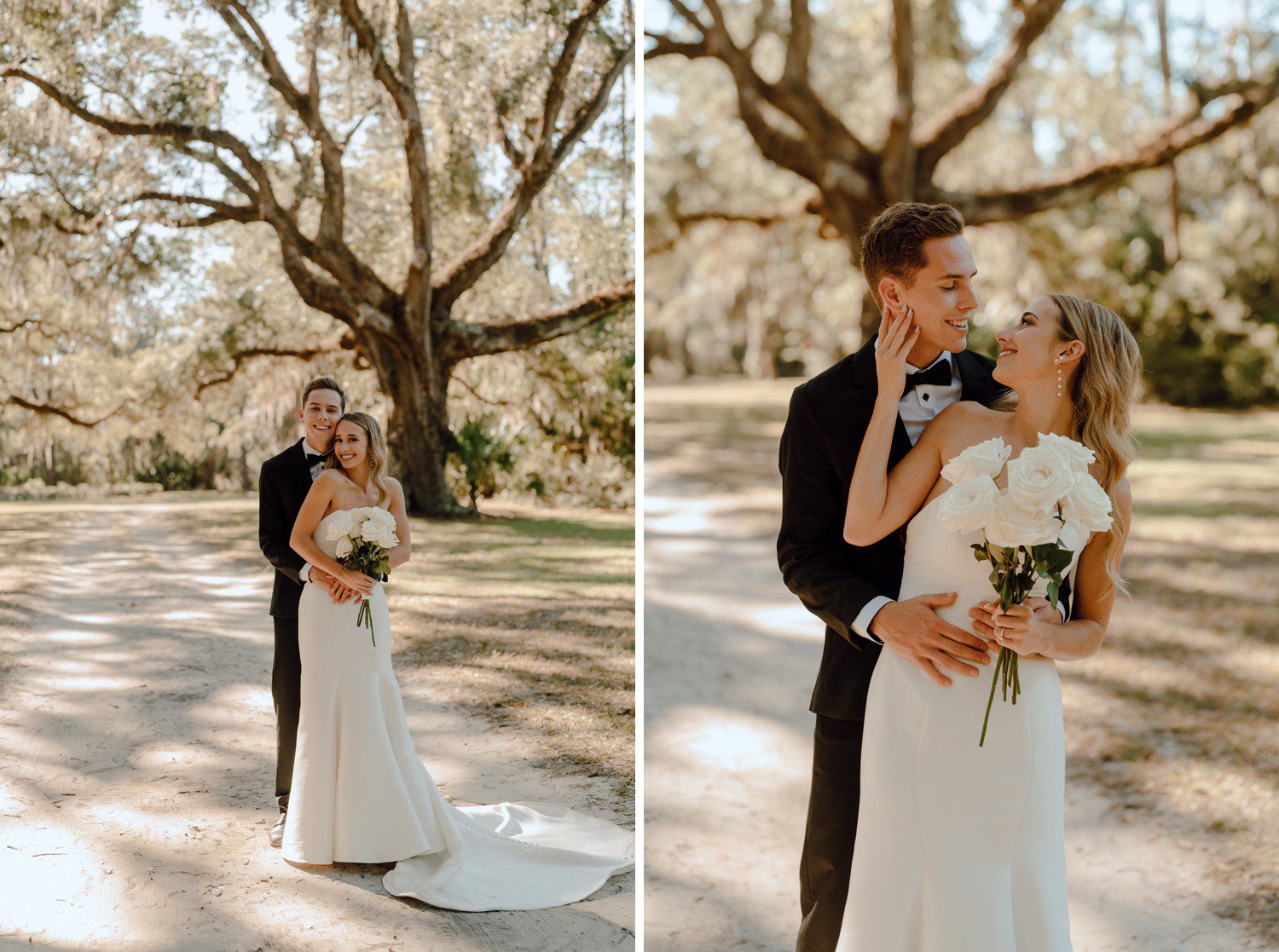 South Carolina wedding photos beneath spanish moss trees