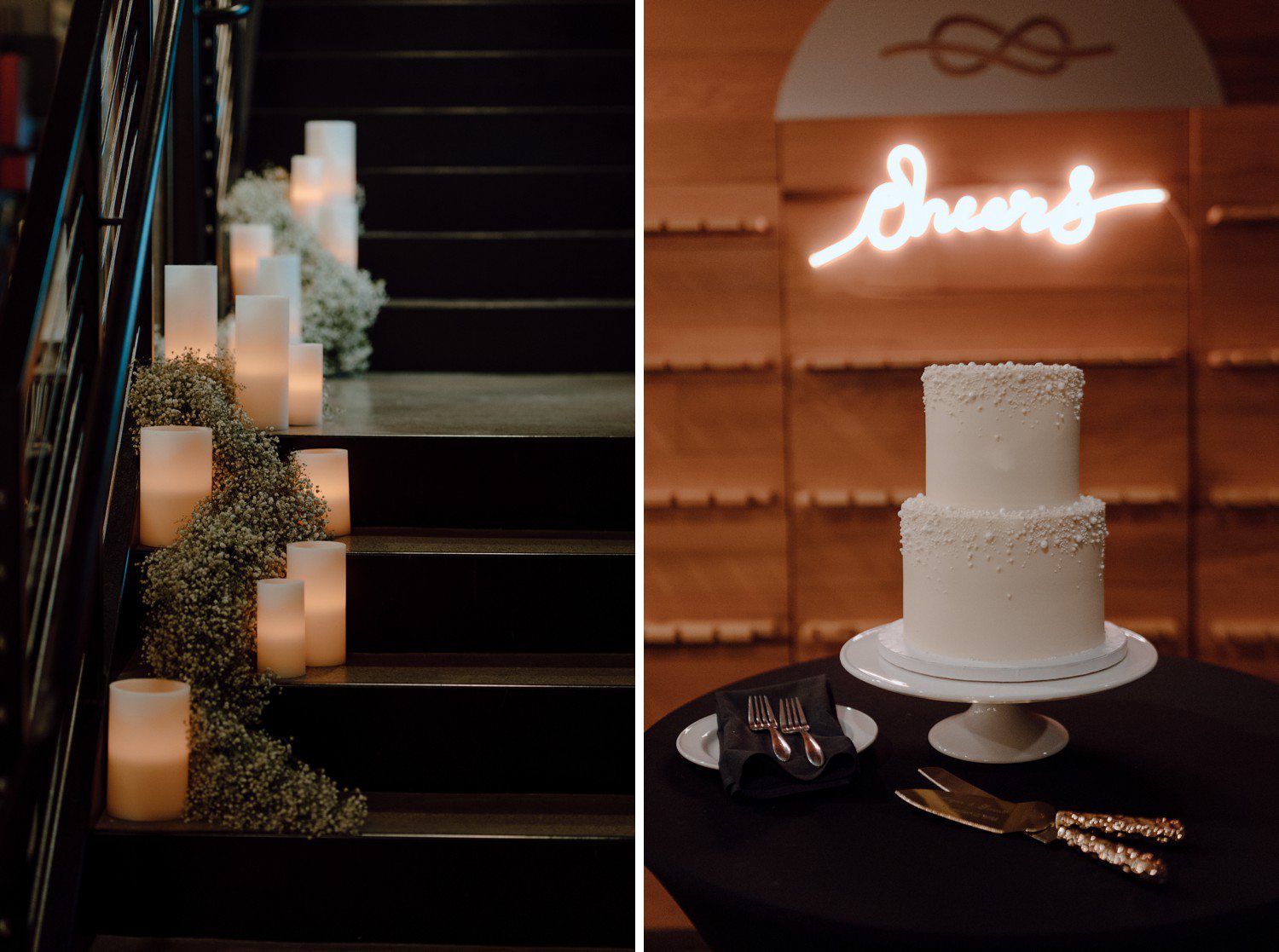 Candles with baby's breath and white wedding cake with pearls. 