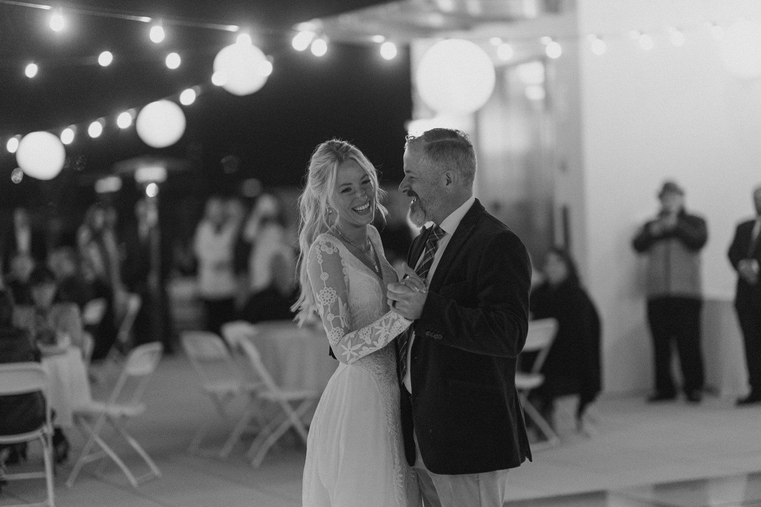 Bride and father first dance during wedding reception in Santa Barbara. 