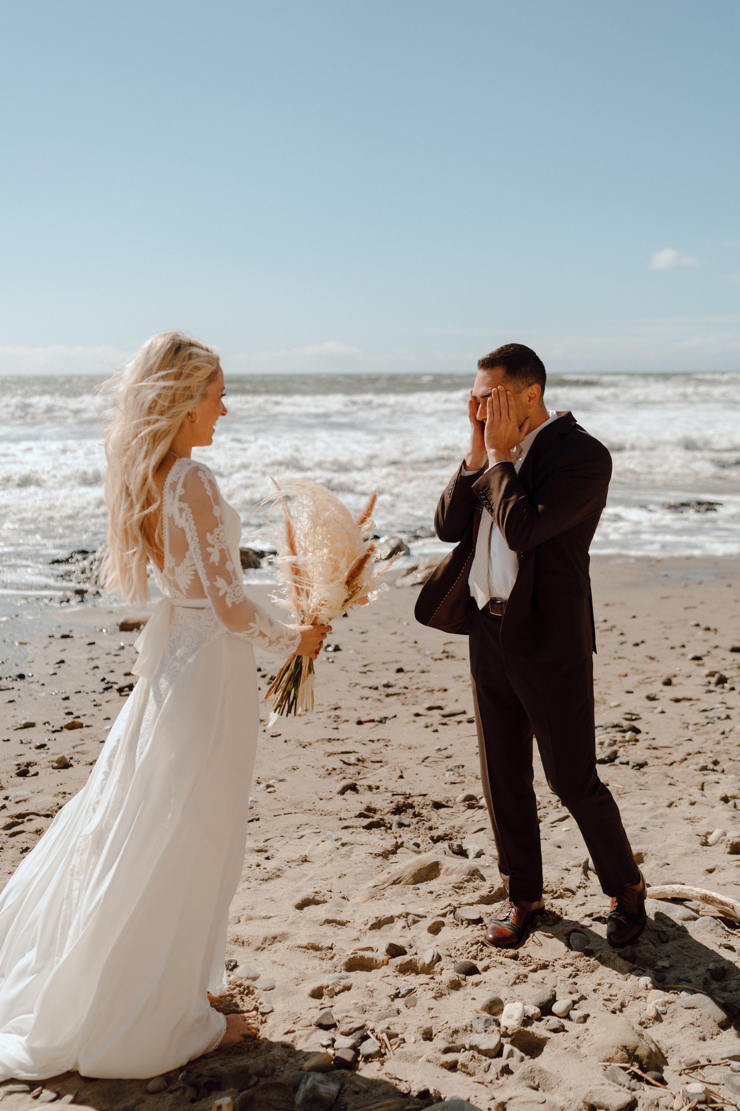 Wedding first look on beach Santa Barbara, CA. 