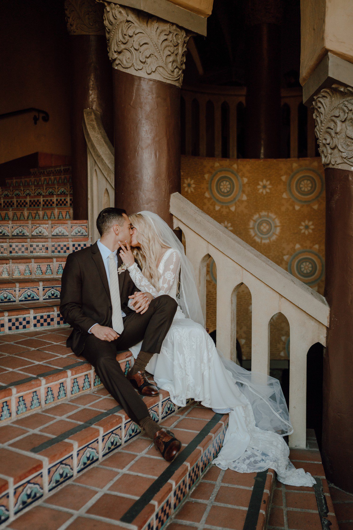 Wedding photos on the stairs at the Santa Barbara County Courthouse. 