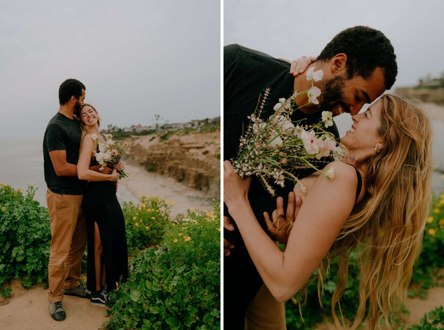 Couples session at Sunset Cliffs with bouquet of flowers.