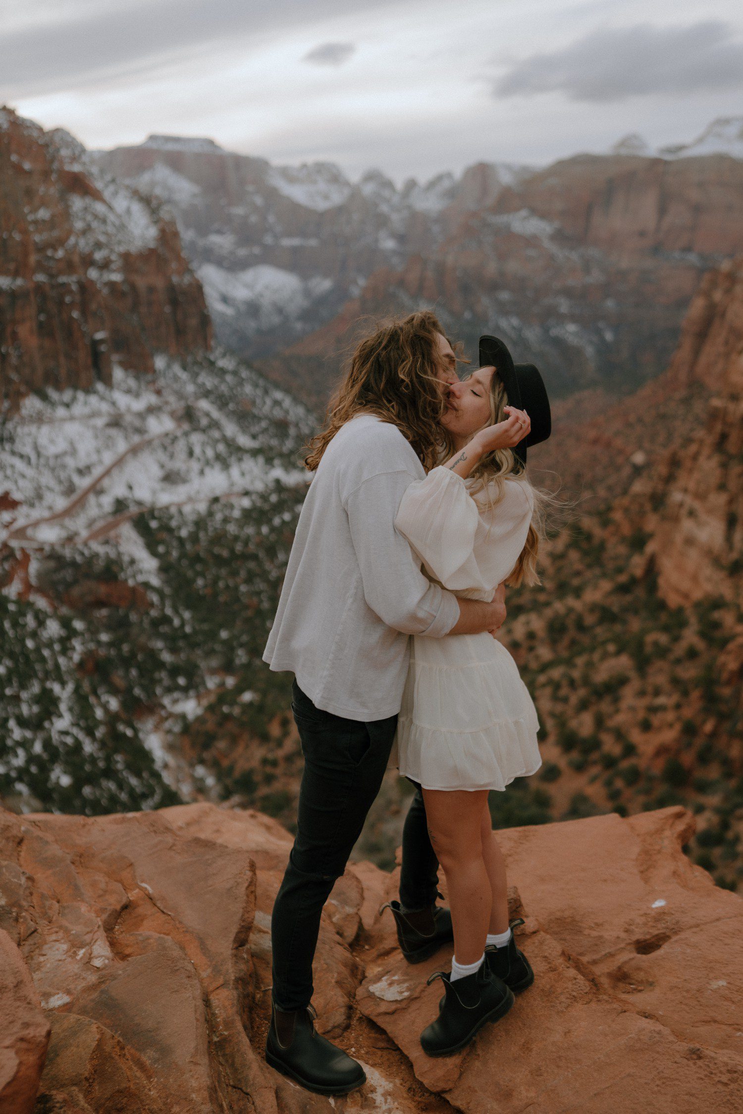 Engagement photos at Canyon Overlook in Zion National Park 