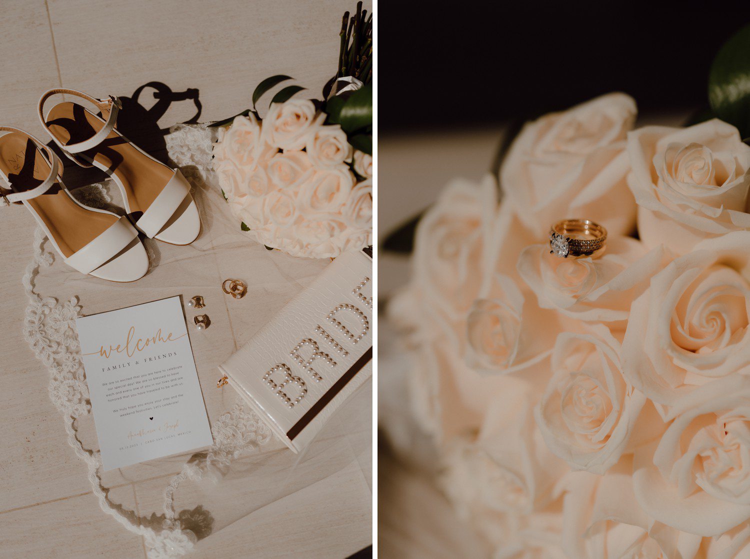 Bridal wedding day details with shoes, bouquets, and ring. 
