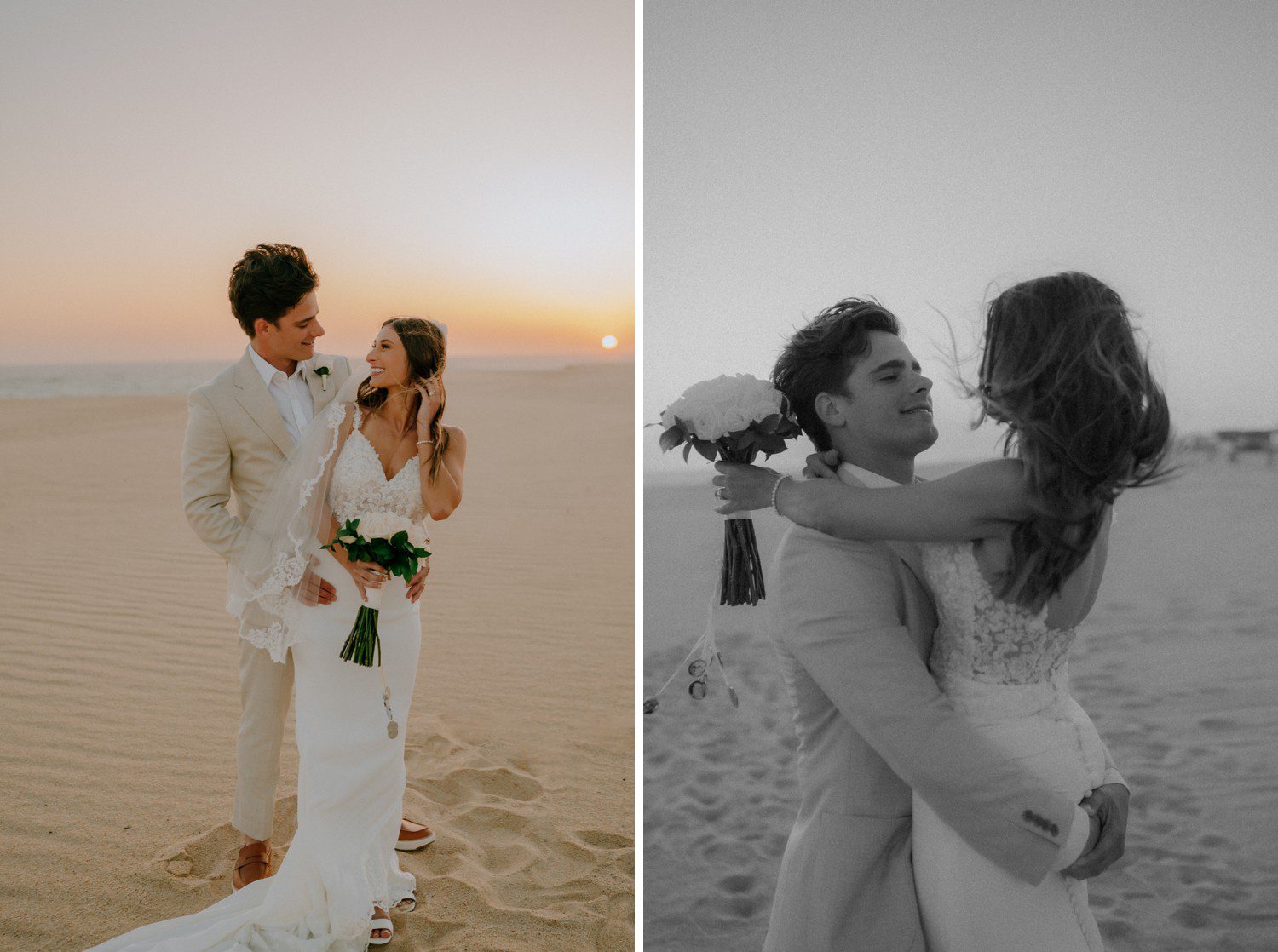 Sunset wedding photos on the beach at destination wedding in Los Cabos.