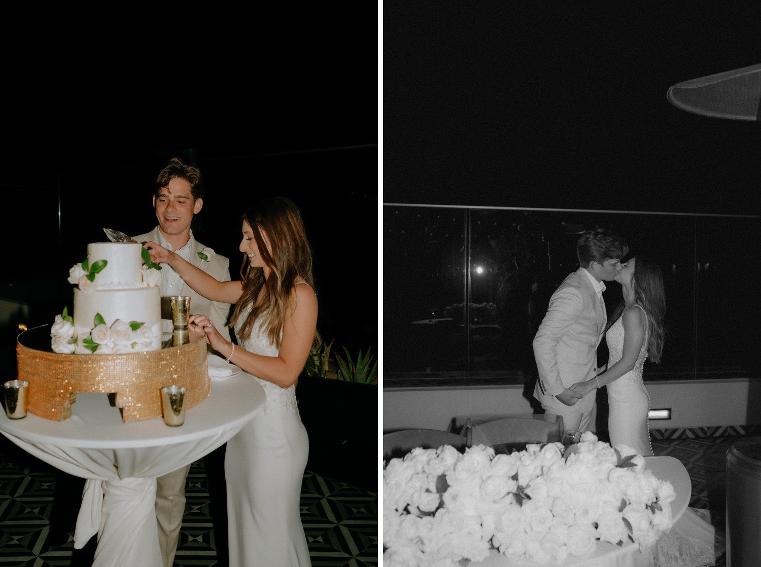Bride and groom cutting wedding cake at reception at Los Cabos Hard Rock Hotel. 