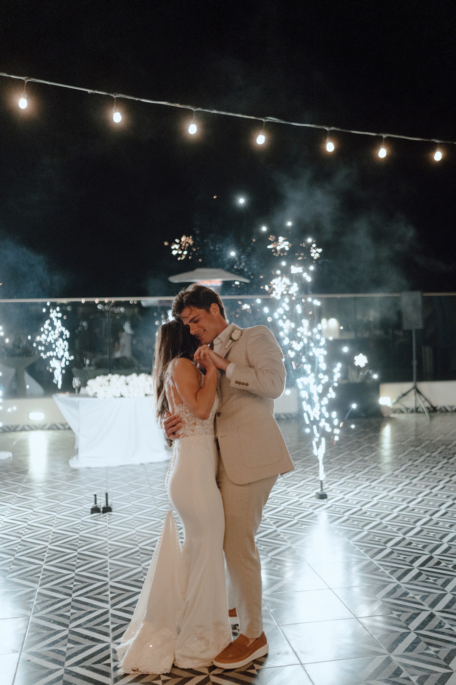 Wedding first dance with sparklers in Los Cabos. 