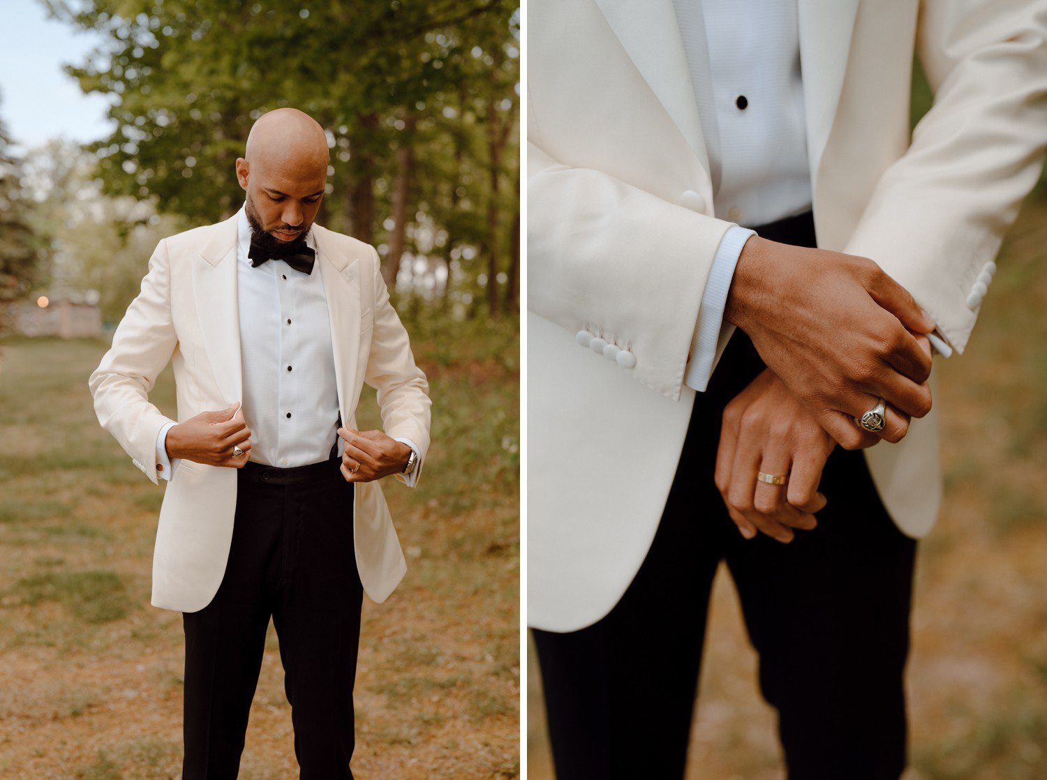 Groom in white suit jacket on wedding day. 