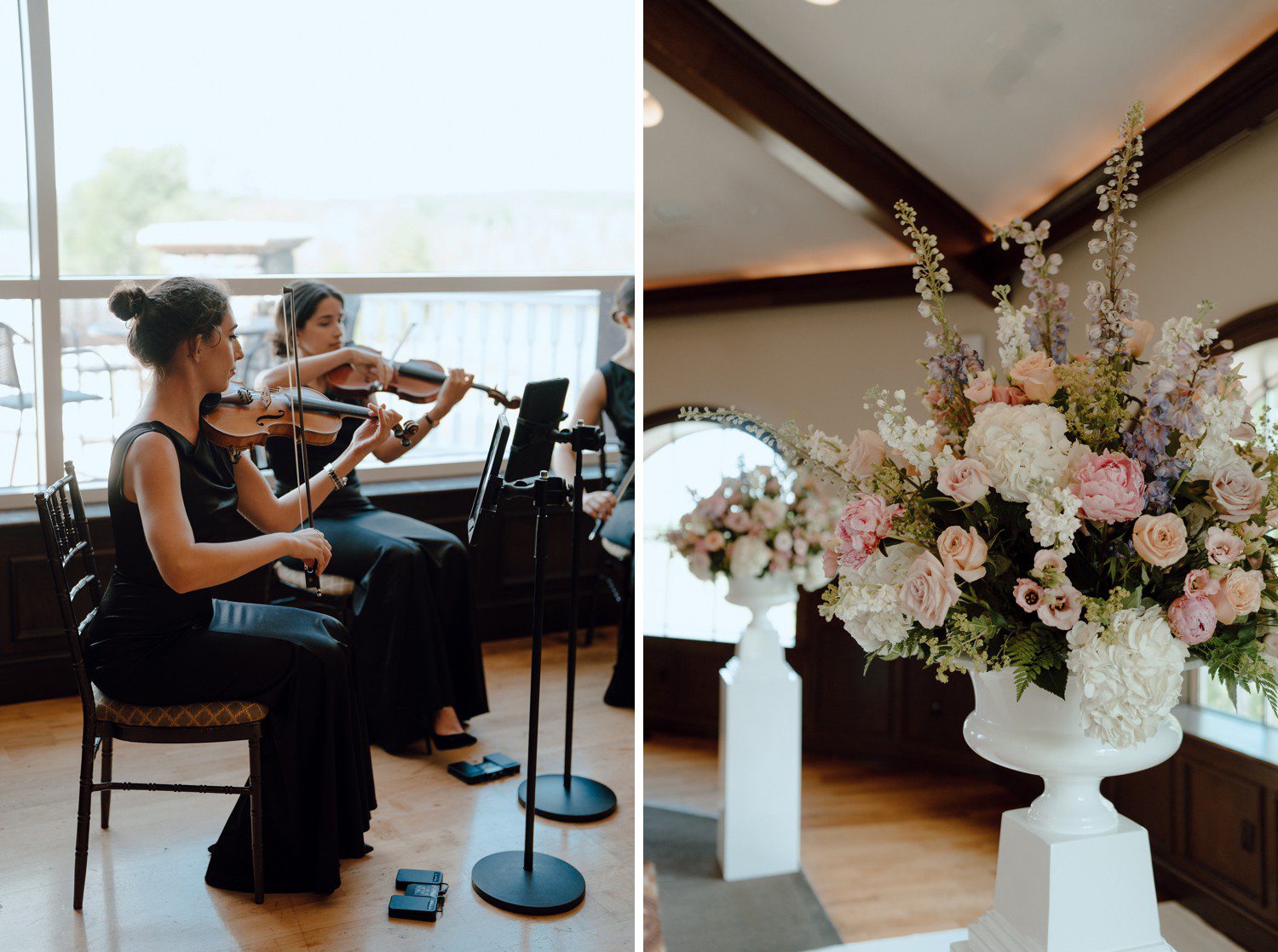 Wedding string band and ceremony flowers. 