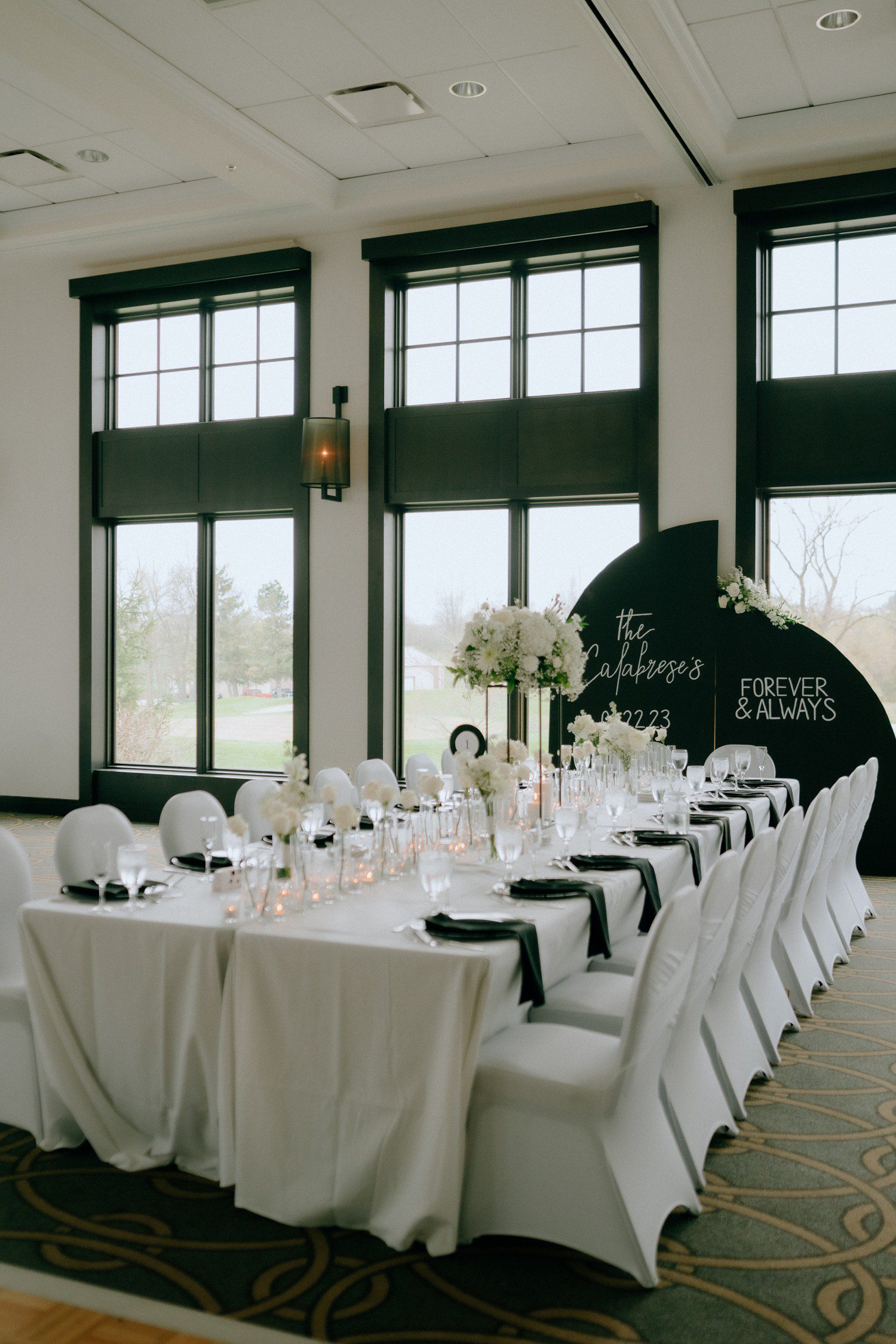 Black and white wedding reception at Watermark Country Club.