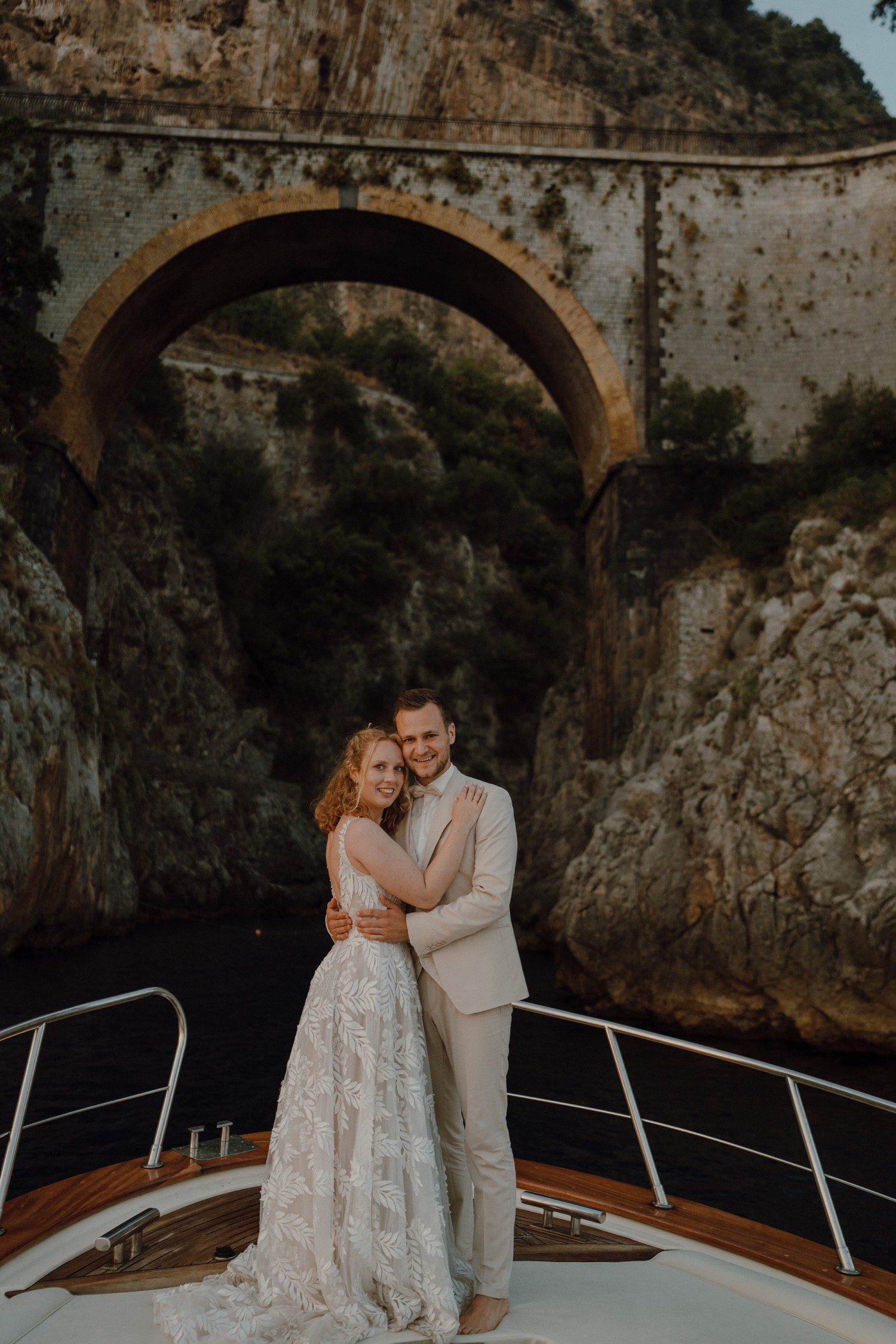 Wedding photos on a boat in Positano Italy. 