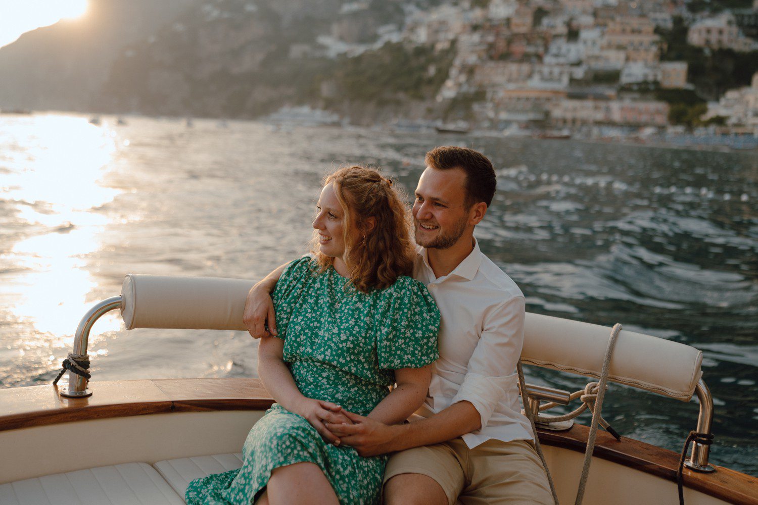 Engagement photos on a boat in Positano Italy. 
