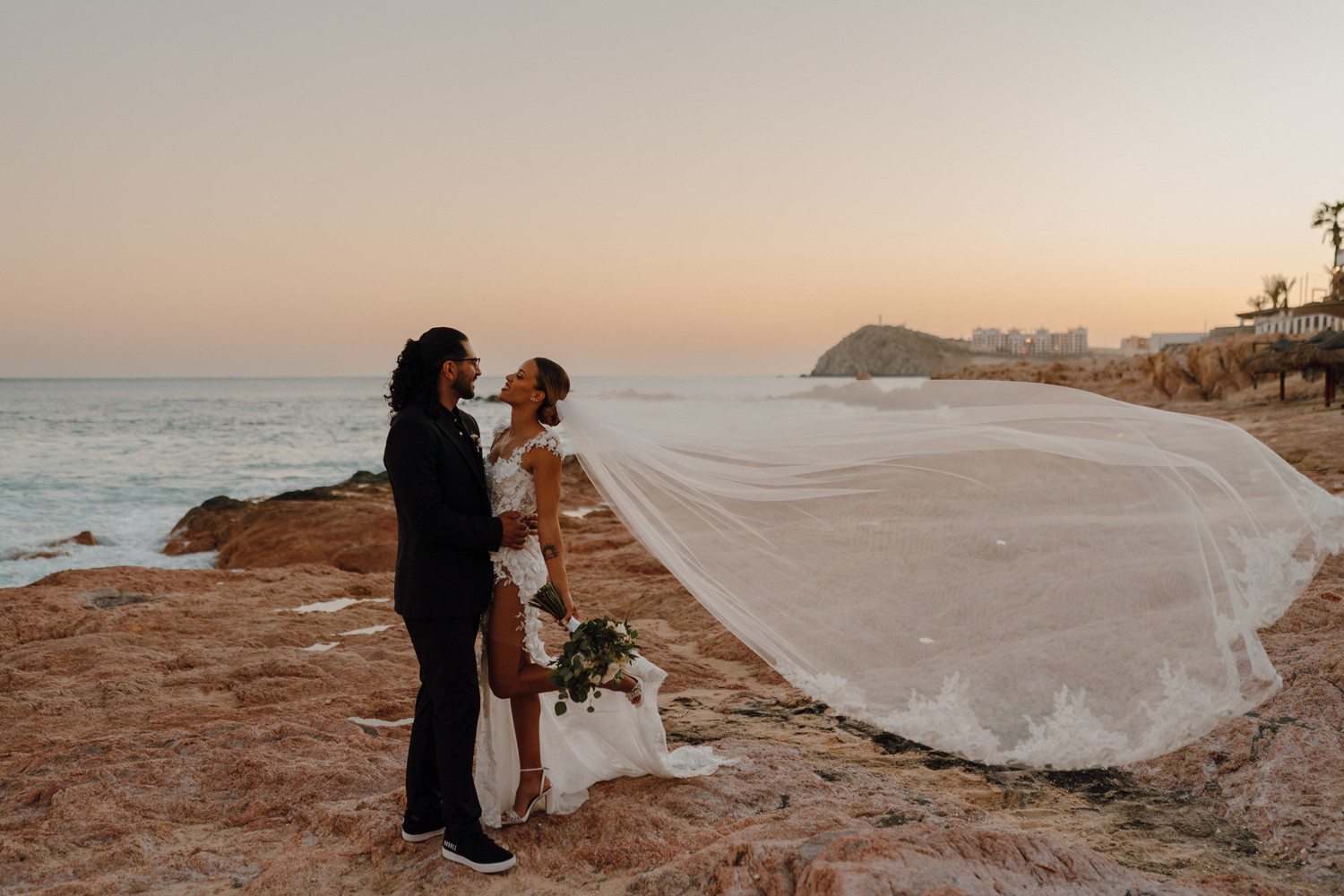 Bride and groom portraits on the beach for Cabo wedding at Hacienda Del Mar.