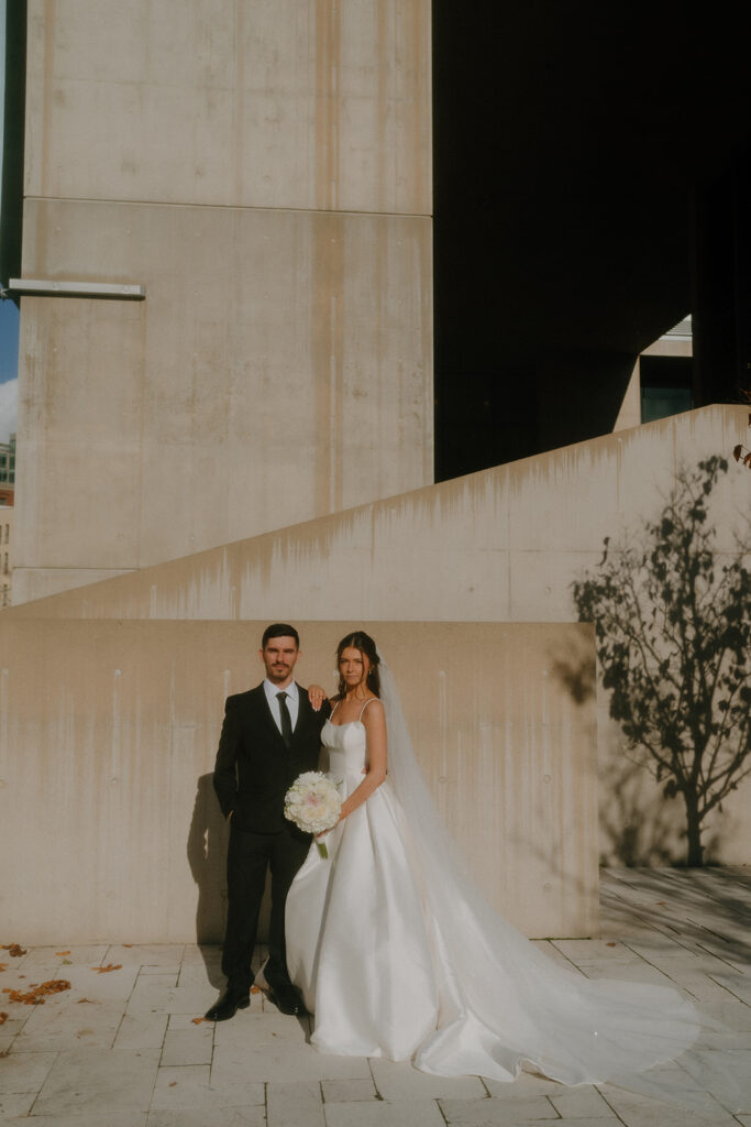 bride and groom at their downtown photoshoot