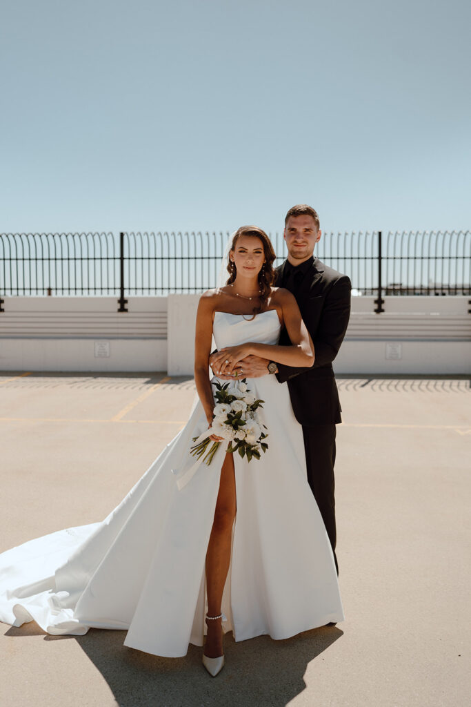 stunning portrait of the bride and groom hugging