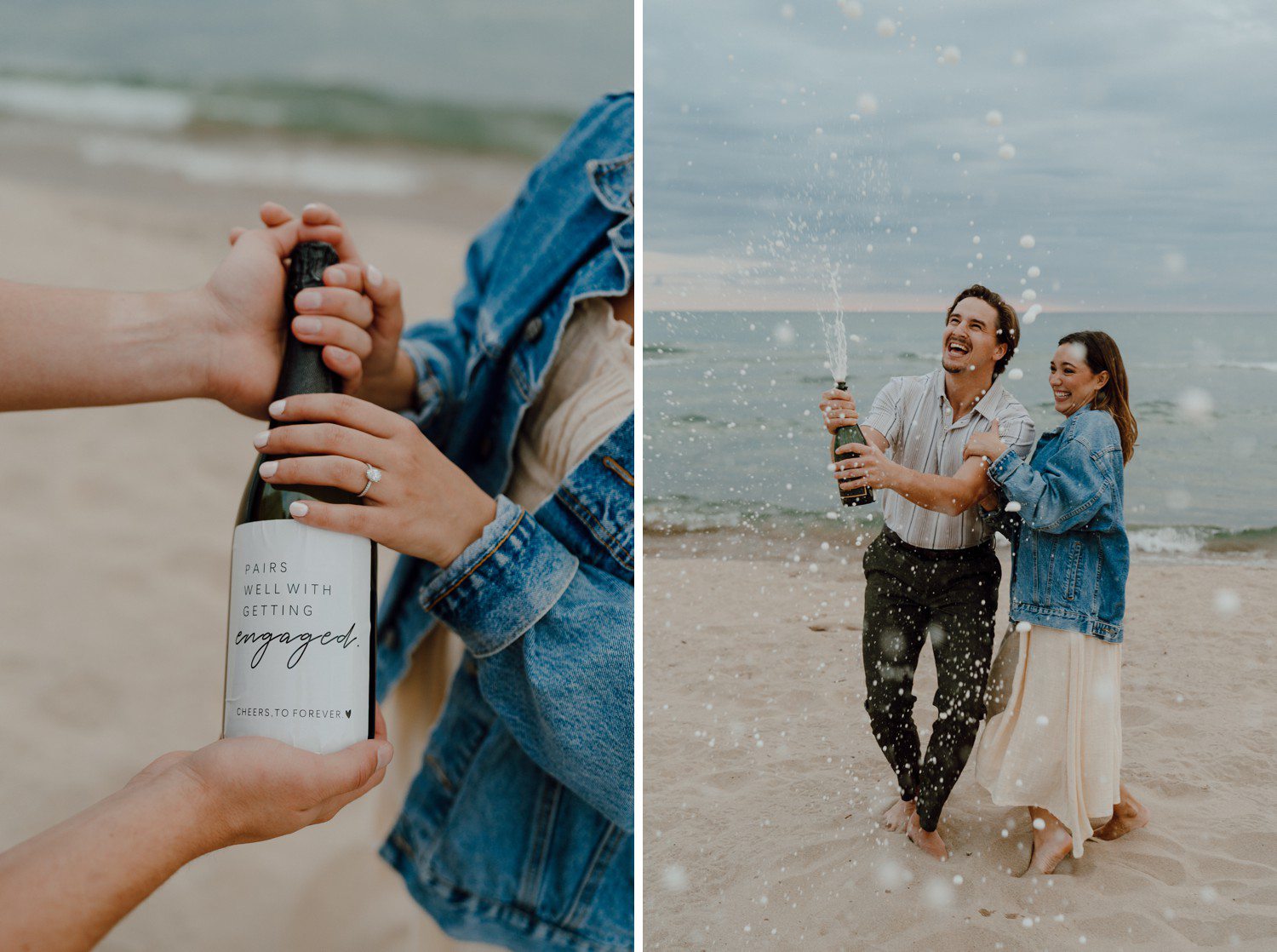 Couple popping champagne for engagement photos on Lake Michigan beach. 