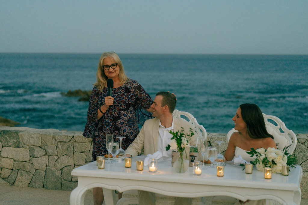 couple at their reception during their speeches