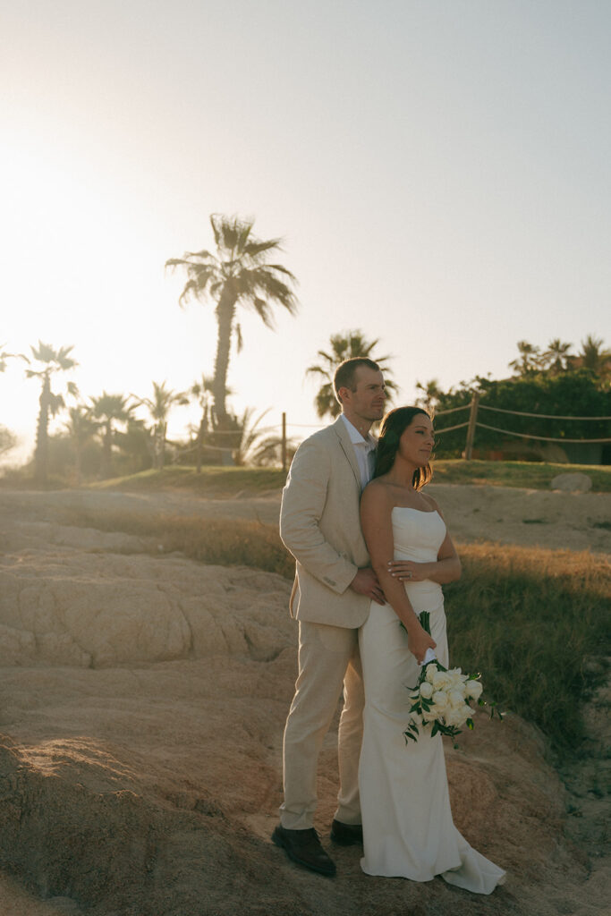 golden hour portrait of the bride and groom