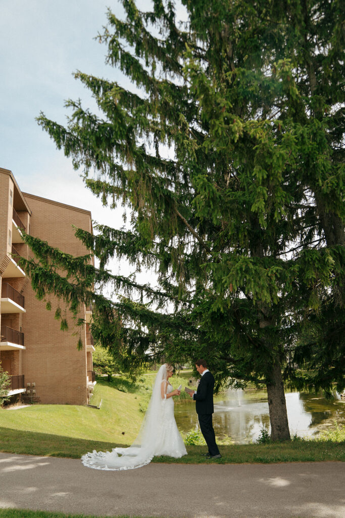 couple before their colorful wedding ceremony