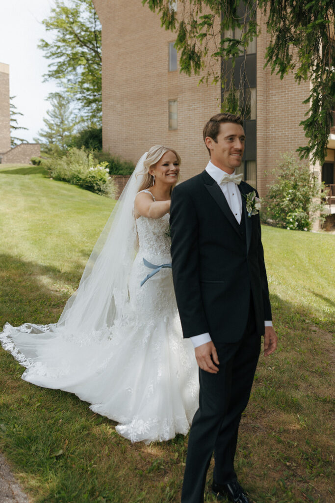 bride and groom first look before the wedding ceremony