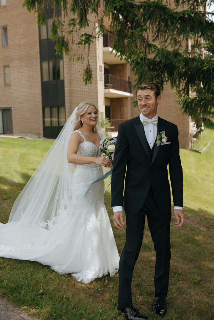 happy bride and groom at their first look