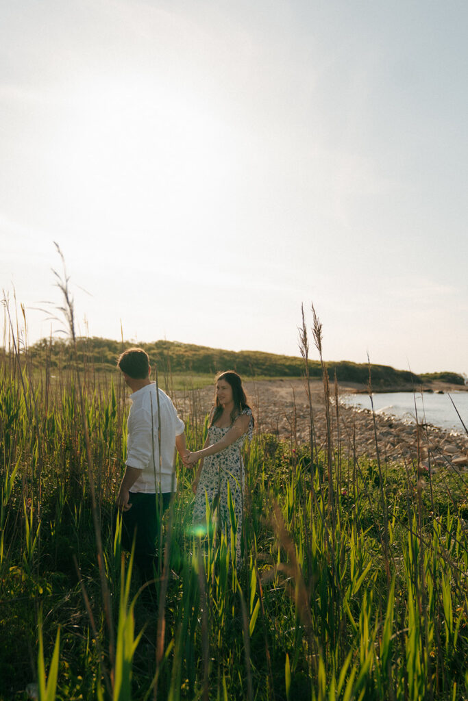 couple walking around their engagement location