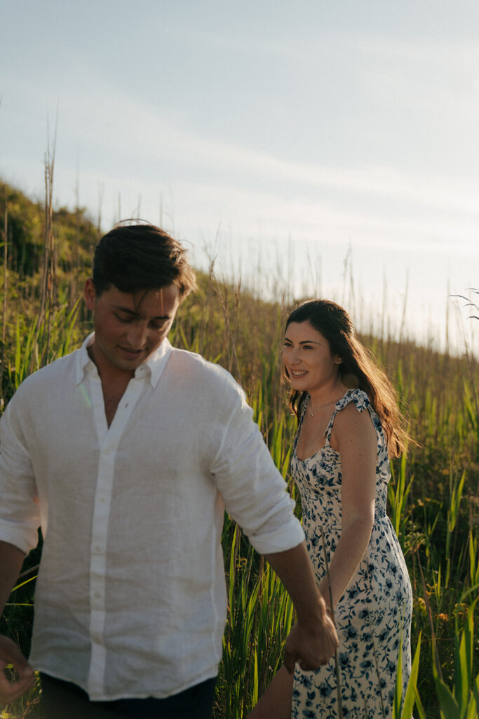 golden hour newly engaged couple portrait