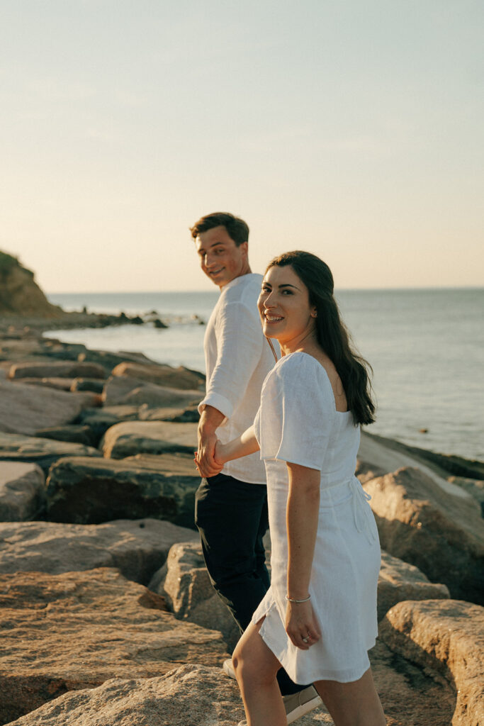 golden hour newly engaged couple portrait