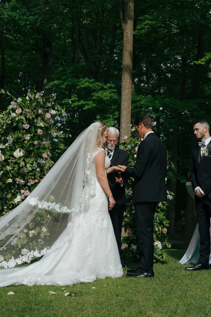 bride and groom at their colorful wedding ceremony