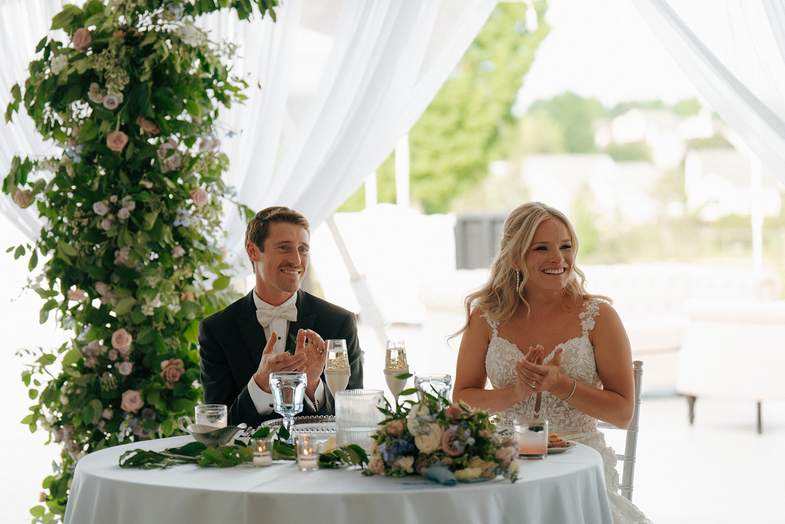 bride and groom at their colorful wedding reception