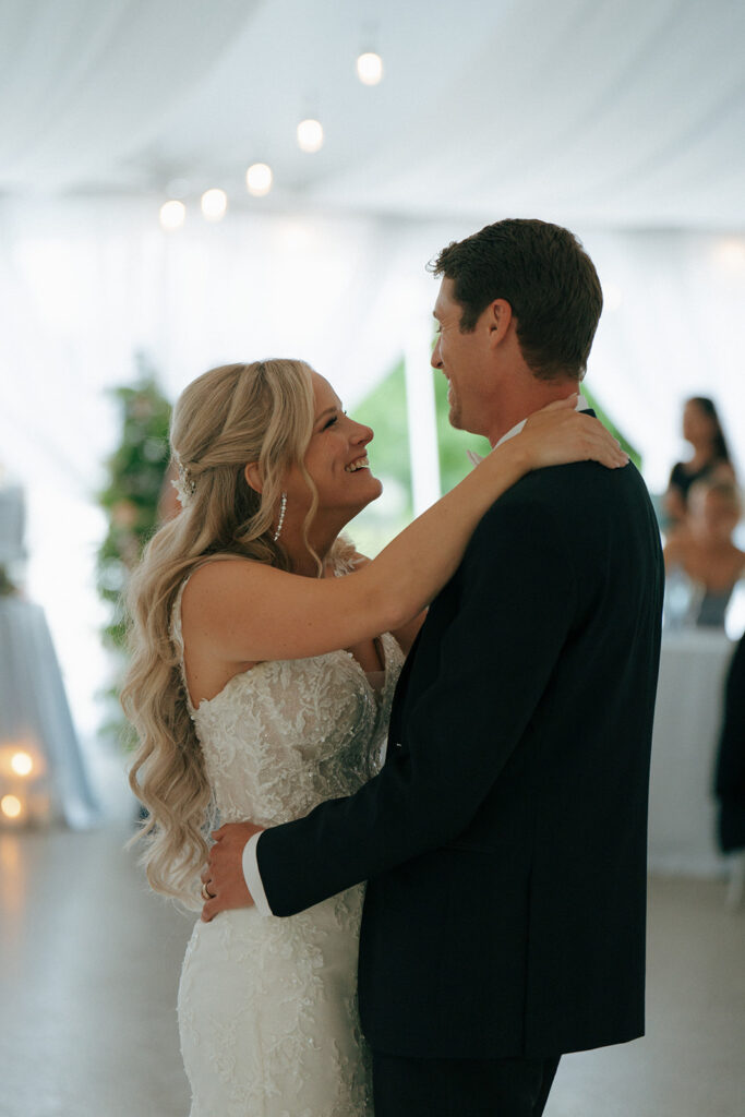 bride and groom first dance at their wedding reception