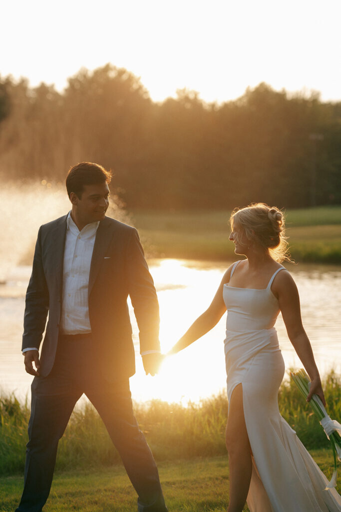 golden hour picture of the bride and groom