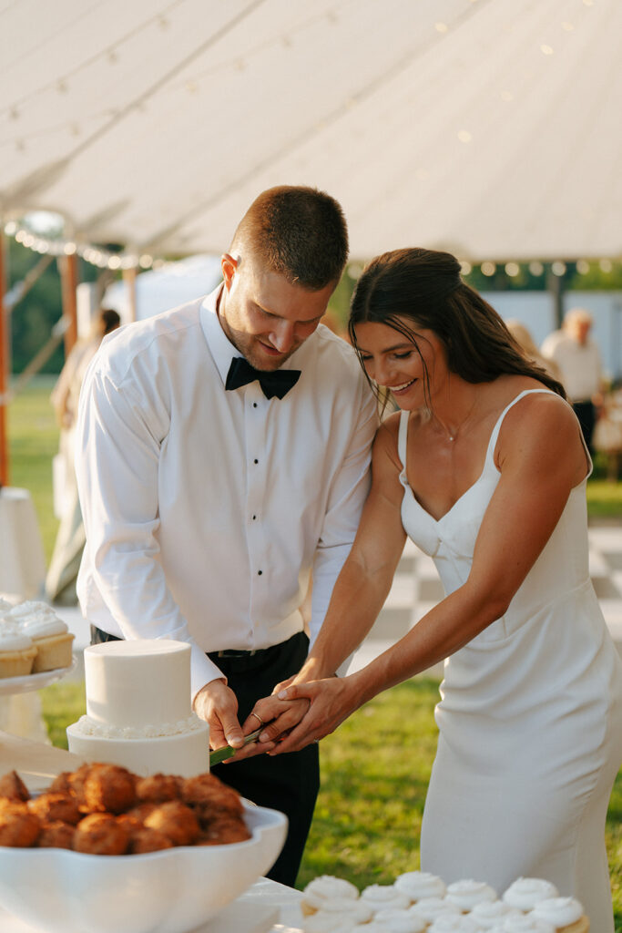 bride and groom cutting their wedding cake