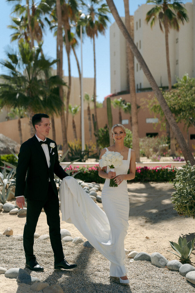 cute couple walking around their wedding venue