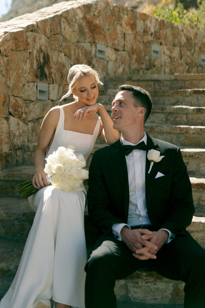 portrait of the newlyweds looking at each other