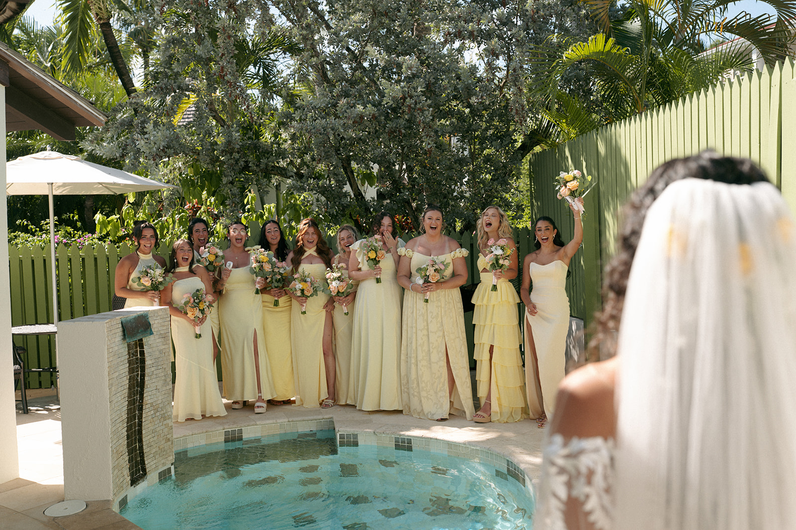 first look of the bride and her bridesmaids