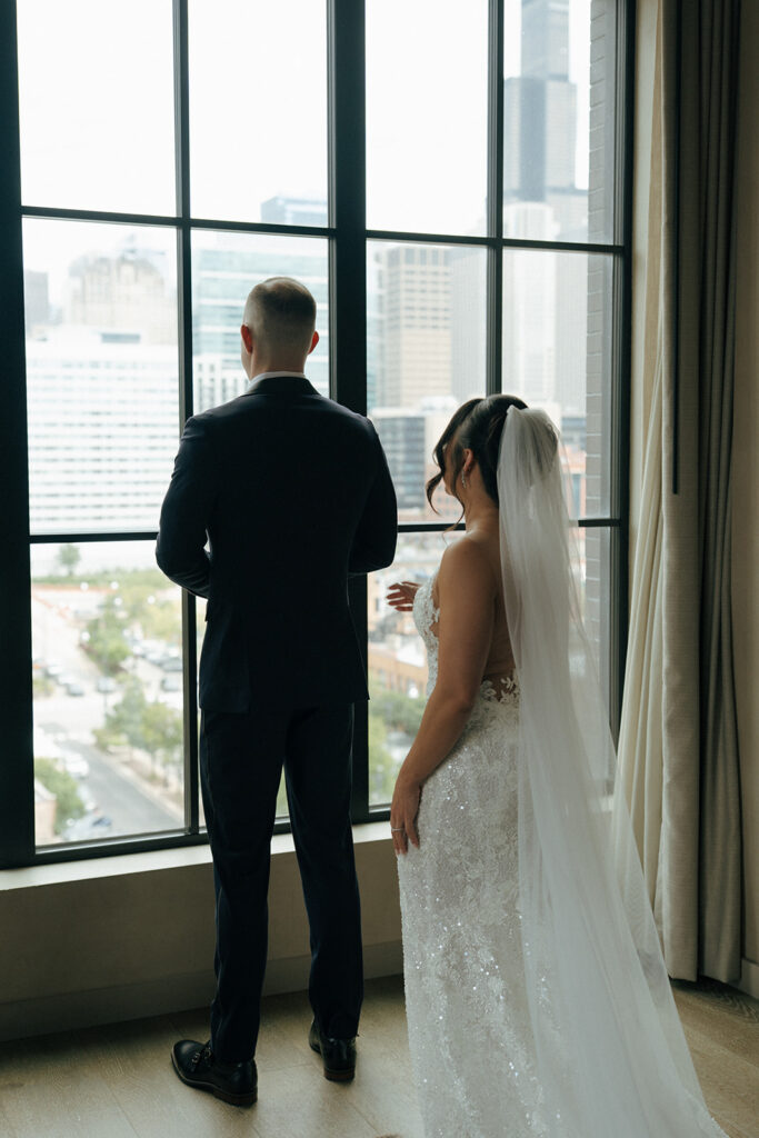 Bride and groom at the first look