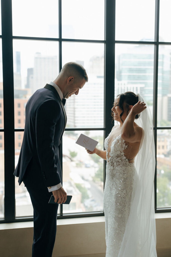 Bride and groom, reading their vows