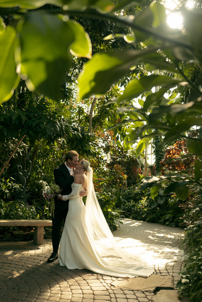 Bride and groom first look at Fredrick Meijer Gardens Grand Rapids Michigan