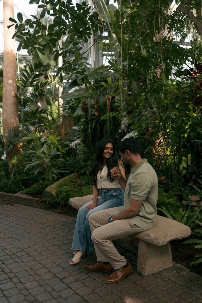 Close up of engaged couple foreheads touching at Frederik Meijer Gardens Grand Rapids