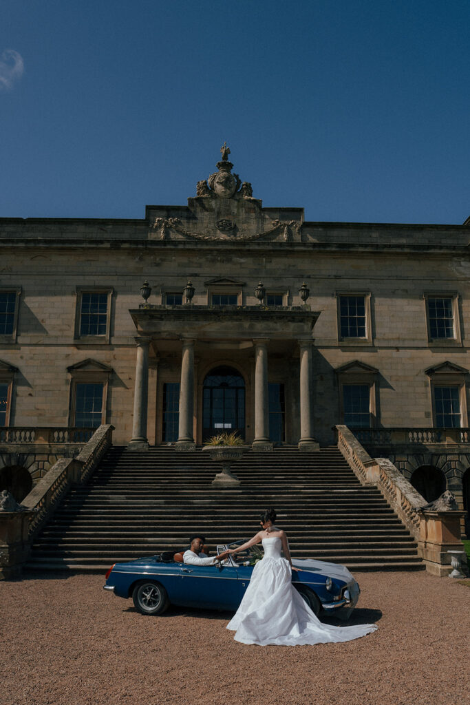 Golden hour couple portrait at sunset Gosford House Scotland wedding